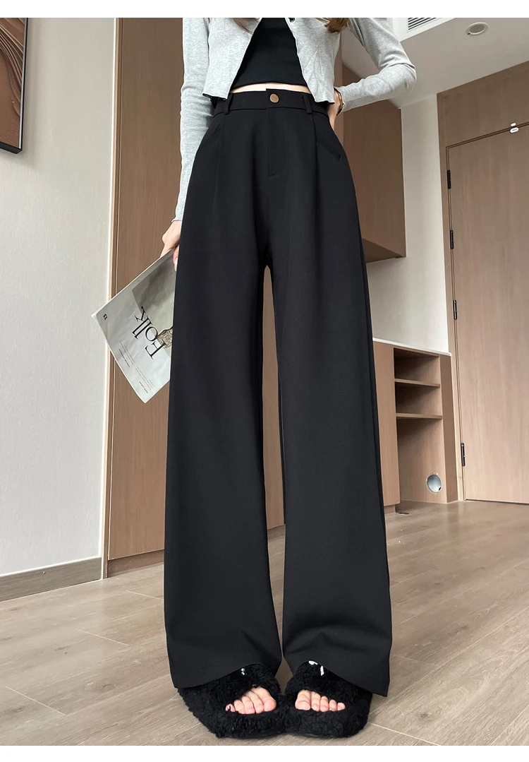 Seoulish Autumn Elegant Women's Wide Leg Pants 2024 New Korean Solid Button Casual Loose Office Full Length Trousers Female