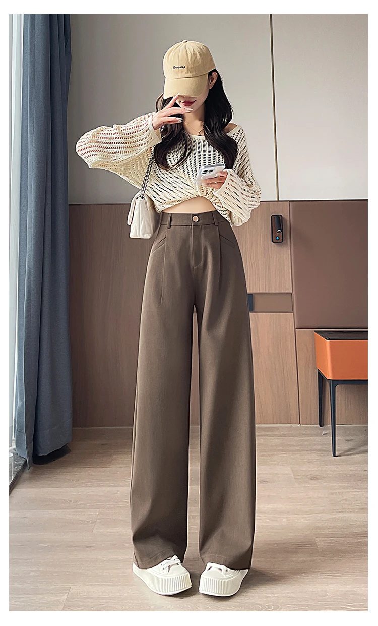 Seoulish Autumn Elegant Women's Wide Leg Pants 2024 New Korean Solid Button Casual Loose Office Full Length Trousers Female