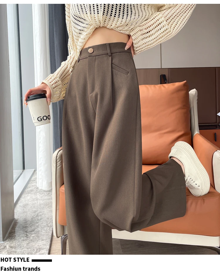 Seoulish Autumn Elegant Women's Wide Leg Pants 2024 New Korean Solid Button Casual Loose Office Full Length Trousers Female
