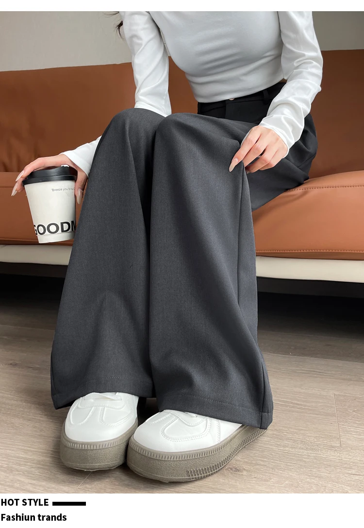 Seoulish Autumn Elegant Women's Wide Leg Pants 2024 New Korean Solid Button Casual Loose Office Full Length Trousers Female