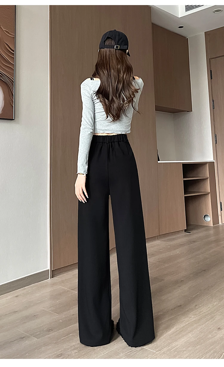 Seoulish Autumn Elegant Women's Wide Leg Pants 2024 New Korean Solid Button Casual Loose Office Full Length Trousers Female