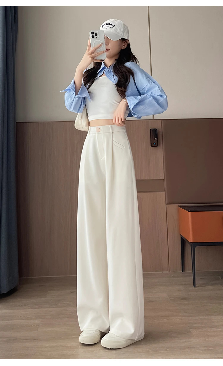 Seoulish Autumn Elegant Women's Wide Leg Pants 2024 New Korean Solid Button Casual Loose Office Full Length Trousers Female