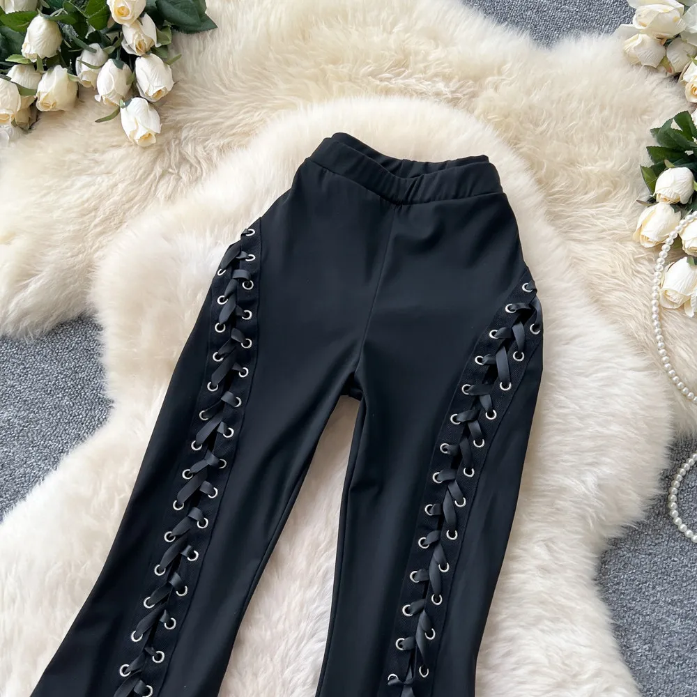 SINGREINY Streetwear Lace Up Flare Pants 2026 Spring Summer Fashion High Waist Bodycon Sexy Female Edgy Spicy Girl Long Trousers