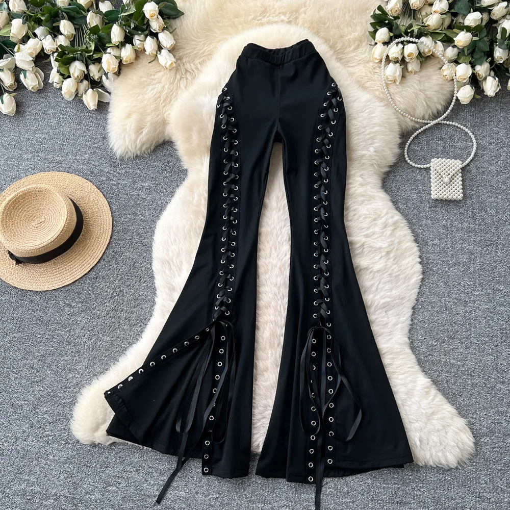 SINGREINY Streetwear Lace Up Flare Pants 2026 Spring Summer Fashion High Waist Bodycon Sexy Female Edgy Spicy Girl Long Trousers