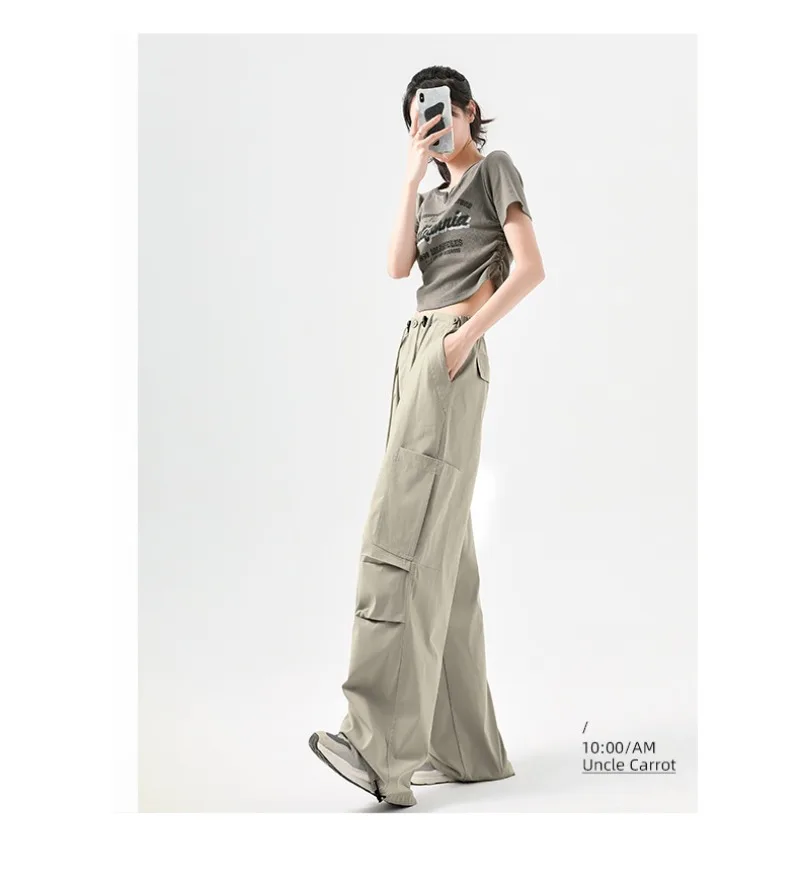 Fashion Big Pockets Women Cargo Pants Lightweight Thin High Waist Wide Leg Pants Woman Spring Summer Casual American Sweatpants