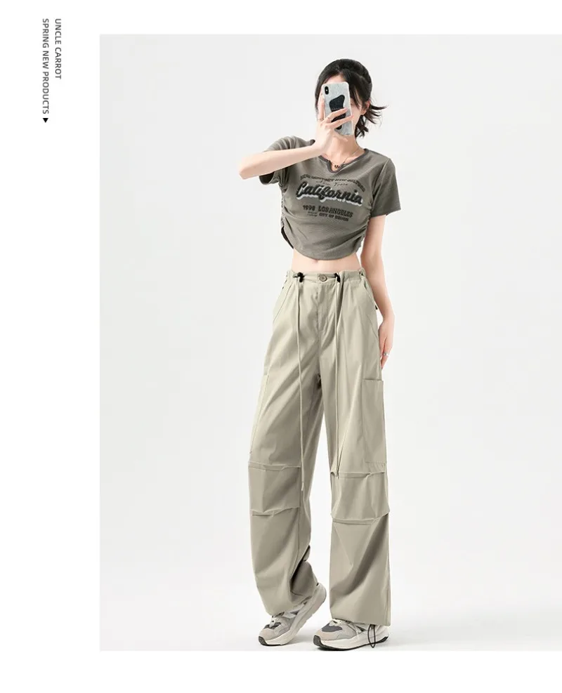 Fashion Big Pockets Women Cargo Pants Lightweight Thin High Waist Wide Leg Pants Woman Spring Summer Casual American Sweatpants