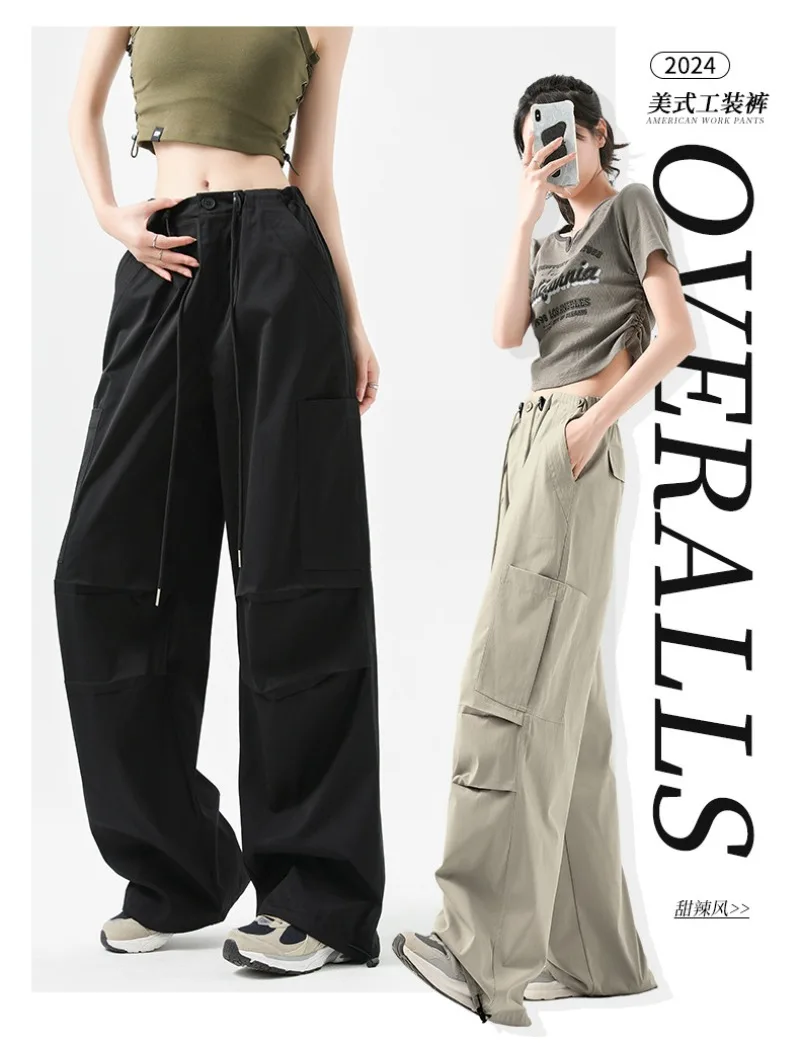 Fashion Big Pockets Women Cargo Pants Lightweight Thin High Waist Wide Leg Pants Woman Spring Summer Casual American Sweatpants