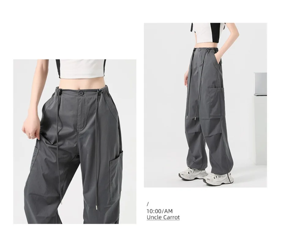 Fashion Big Pockets Women Cargo Pants Lightweight Thin High Waist Wide Leg Pants Woman Spring Summer Casual American Sweatpants