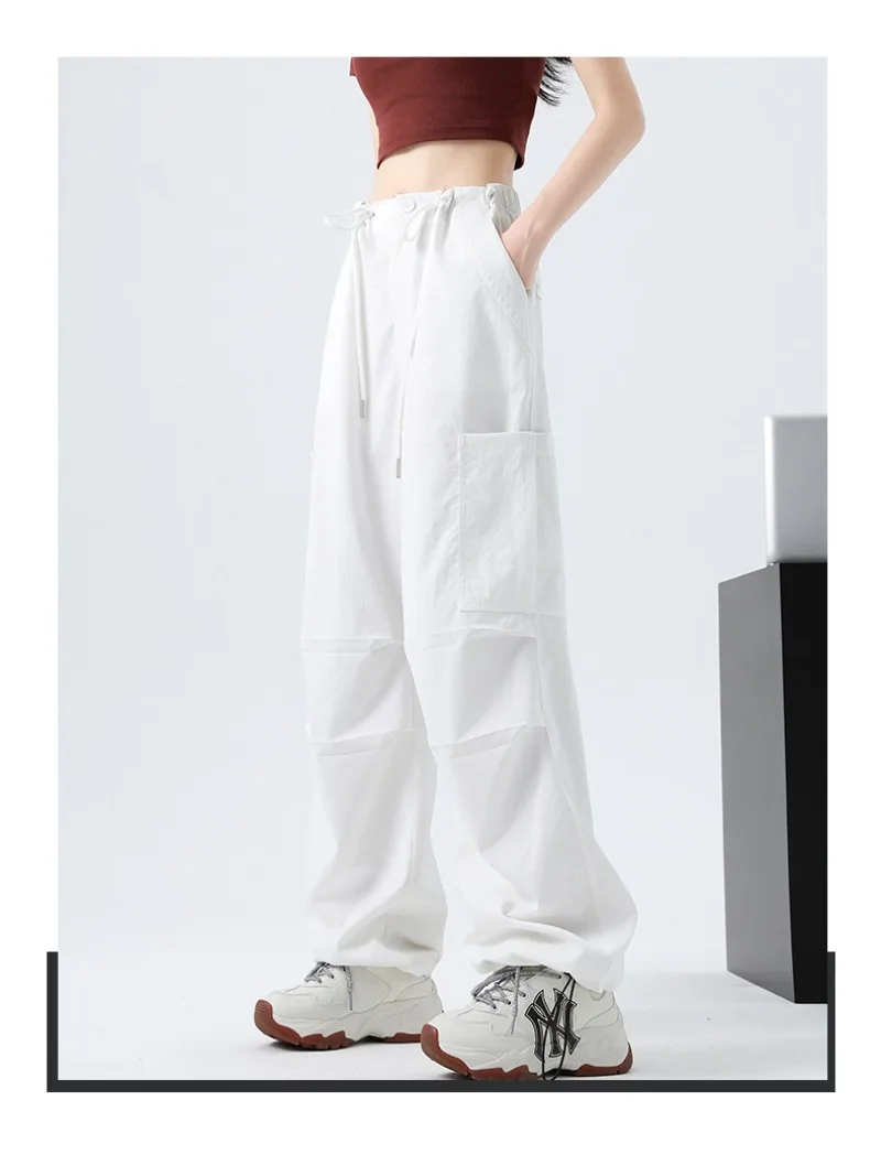 Fashion Big Pockets Women Cargo Pants Lightweight Thin High Waist Wide Leg Pants Woman Spring Summer Casual American Sweatpants