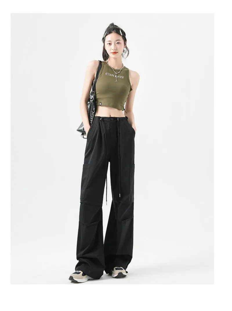 Fashion Big Pockets Women Cargo Pants Lightweight Thin High Waist Wide Leg Pants Woman Spring Summer Casual American Sweatpants