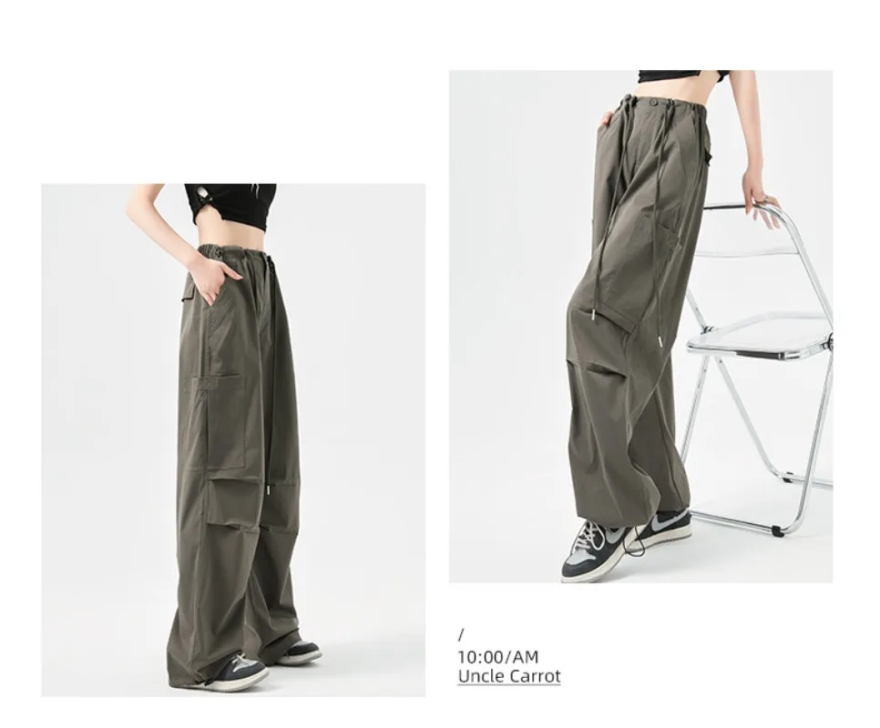 Fashion Big Pockets Women Cargo Pants Lightweight Thin High Waist Wide Leg Pants Woman Spring Summer Casual American Sweatpants