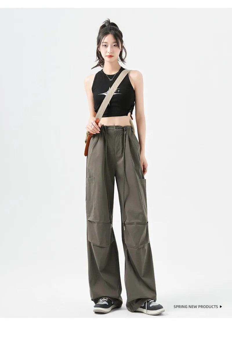 Fashion Big Pockets Women Cargo Pants Lightweight Thin High Waist Wide Leg Pants Woman Spring Summer Casual American Sweatpants