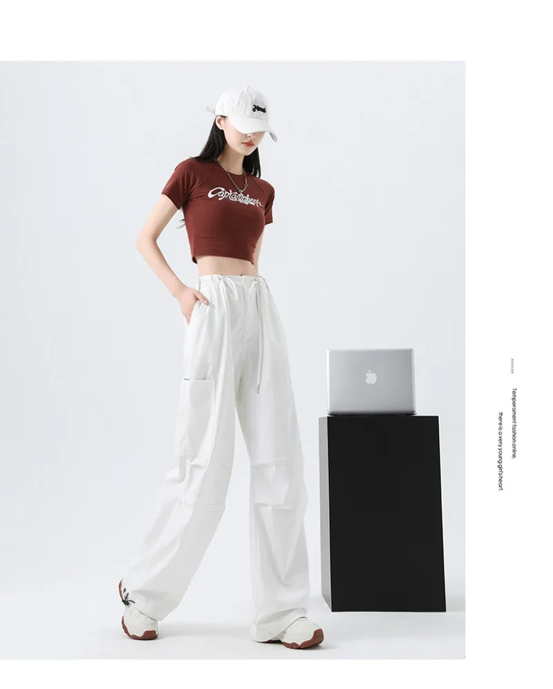 Fashion Big Pockets Women Cargo Pants Lightweight Thin High Waist Wide Leg Pants Woman Spring Summer Casual American Sweatpants