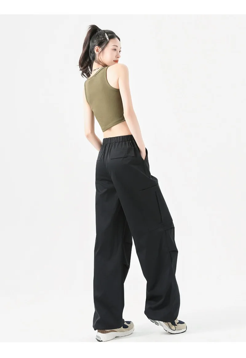 Fashion Big Pockets Women Cargo Pants Lightweight Thin High Waist Wide Leg Pants Woman Spring Summer Casual American Sweatpants