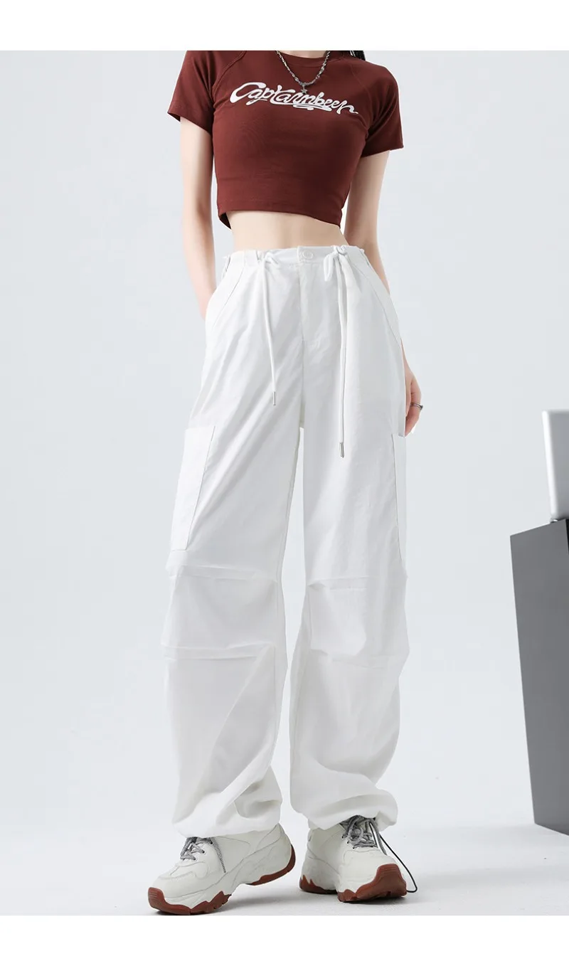 Fashion Big Pockets Women Cargo Pants Lightweight Thin High Waist Wide Leg Pants Woman Spring Summer Casual American Sweatpants