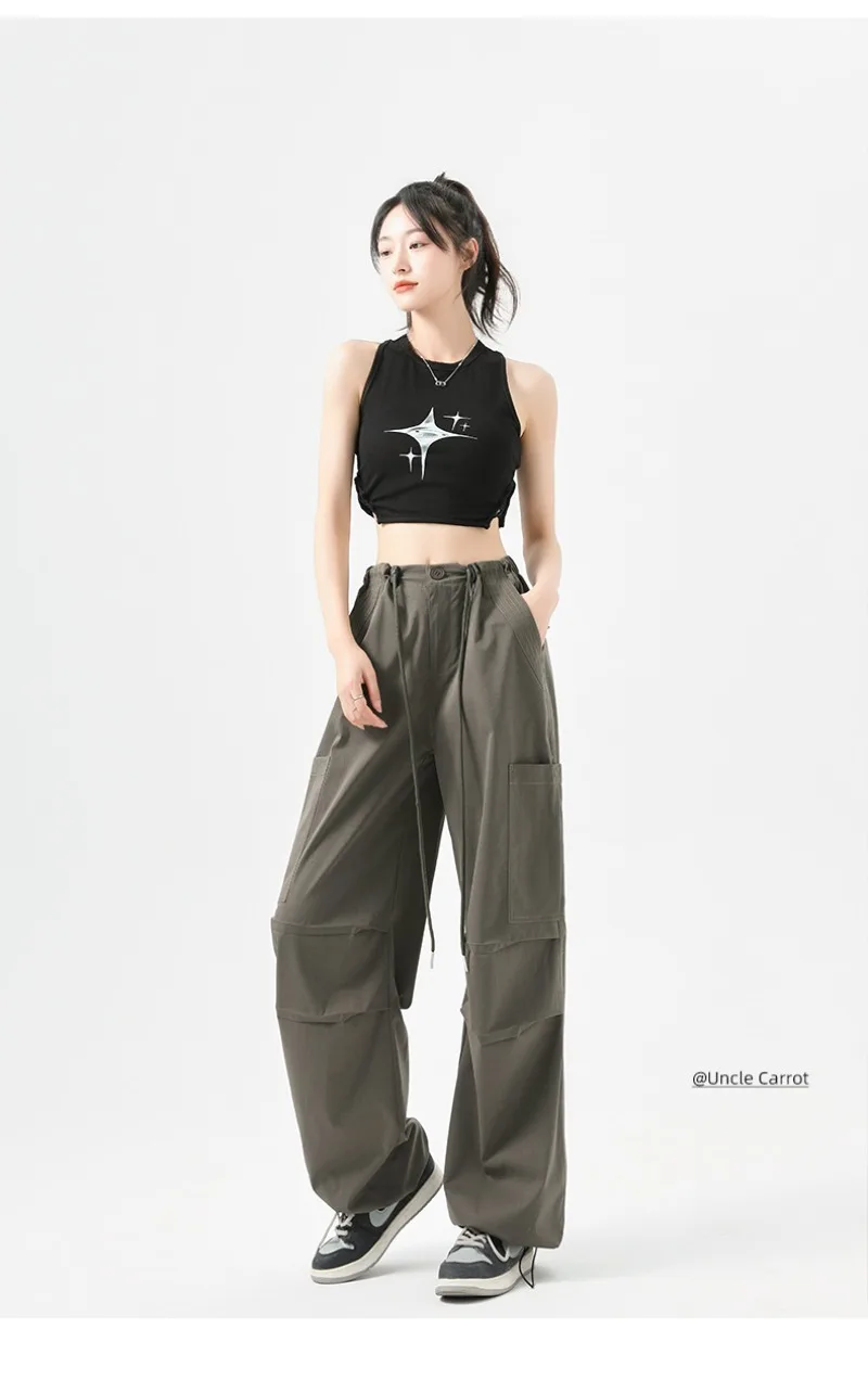 Fashion Big Pockets Women Cargo Pants Lightweight Thin High Waist Wide Leg Pants Woman Spring Summer Casual American Sweatpants