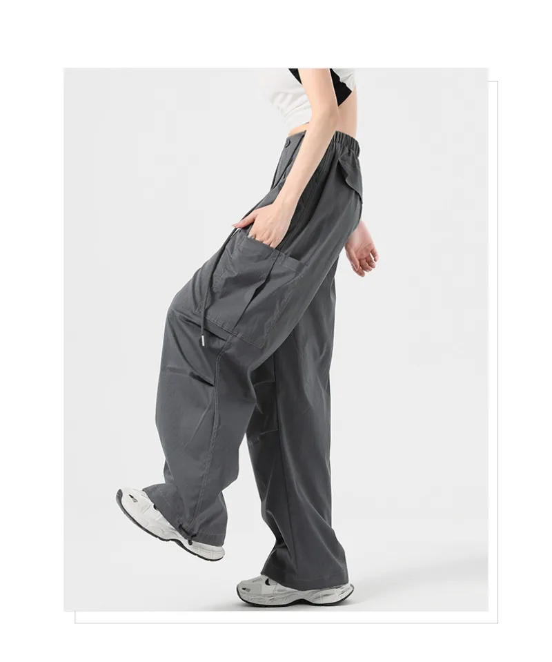 Fashion Big Pockets Women Cargo Pants Lightweight Thin High Waist Wide Leg Pants Woman Spring Summer Casual American Sweatpants