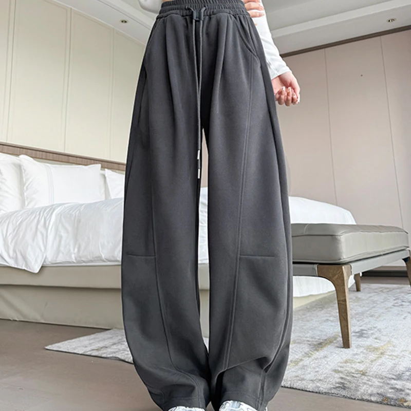 Drawstring Wide Leg Sports Pants Women Autumn Winter Soft Solid Pockets Sweatpants Woman Elastic High Waisted Trousers Female