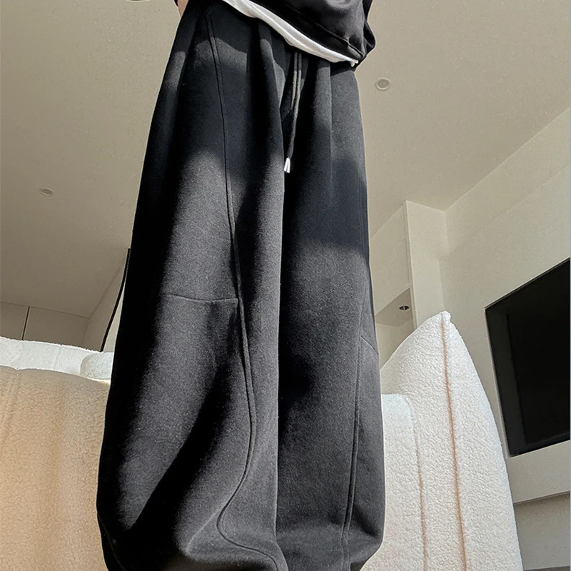 Drawstring Wide Leg Sports Pants Women Autumn Winter Soft Solid Pockets Sweatpants Woman Elastic High Waisted Trousers Female
