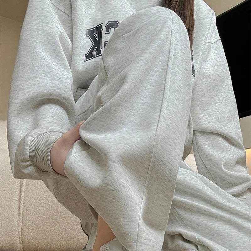 Drawstring Wide Leg Sports Pants Women Autumn Winter Soft Solid Pockets Sweatpants Woman Elastic High Waisted Trousers Female