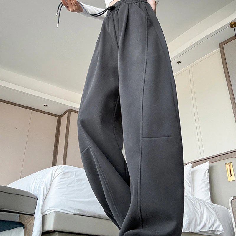 Drawstring Wide Leg Sports Pants Women Autumn Winter Soft Solid Pockets Sweatpants Woman Elastic High Waisted Trousers Female