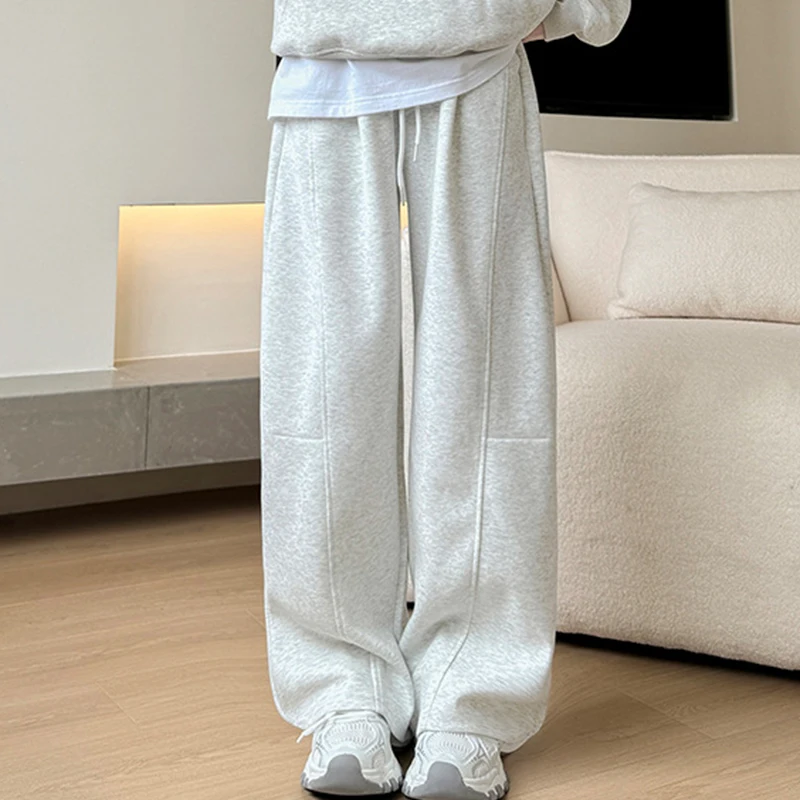 Drawstring Wide Leg Sports Pants Women Autumn Winter Soft Solid Pockets Sweatpants Woman Elastic High Waisted Trousers Female