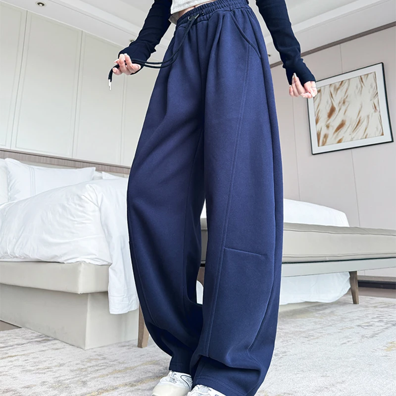 Drawstring Wide Leg Sports Pants Women Autumn Winter Soft Solid Pockets Sweatpants Woman Elastic High Waisted Trousers Female