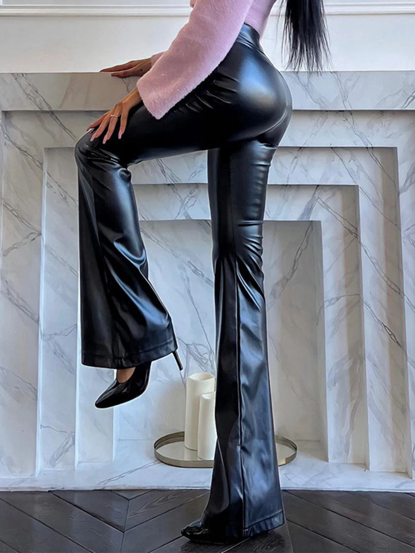 Sexy y2k clothes black PU leather pants women casual fashion streetwear gothic high waist flare leggings trousers womens pants
