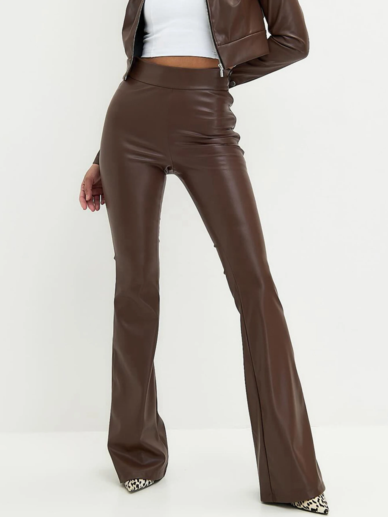 Sexy y2k clothes black PU leather pants women casual fashion streetwear gothic high waist flare leggings trousers womens pants
