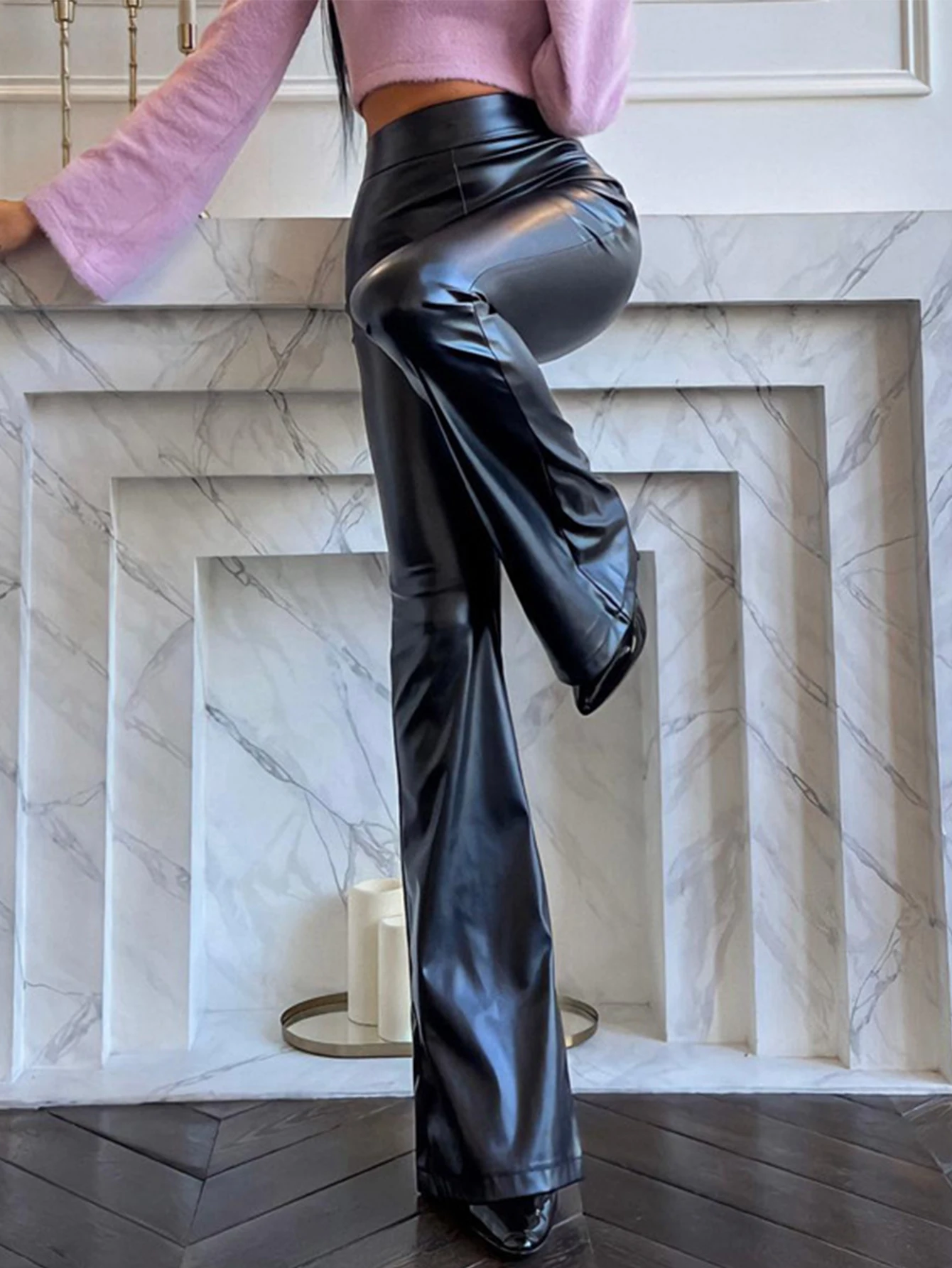 Sexy y2k clothes black PU leather pants women casual fashion streetwear gothic high waist flare leggings trousers womens pants