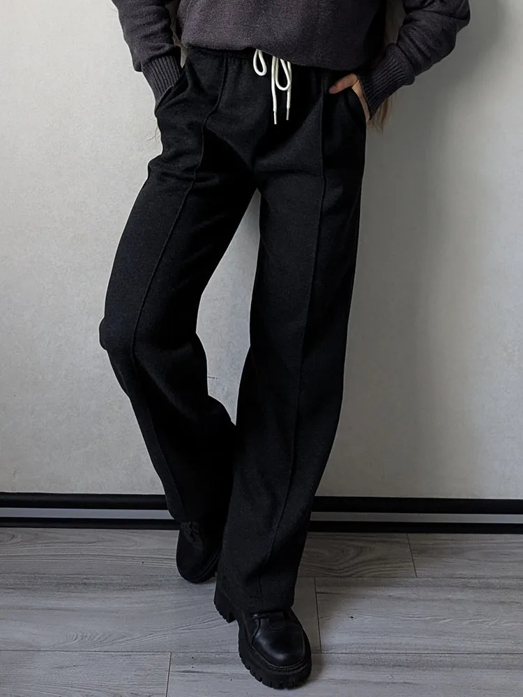 MiuKoMiYa Autumn Gray Woolen Pants Women Wide Leg Straight Long Trousers Office Lady High Waist Women Beige Formal Pants Loose