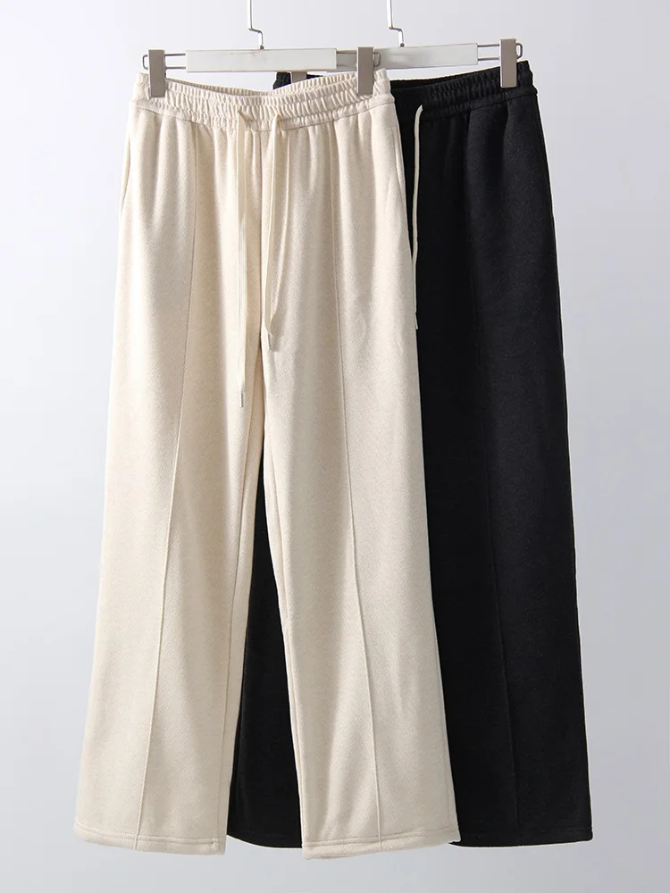MiuKoMiYa Autumn Gray Woolen Pants Women Wide Leg Straight Long Trousers Office Lady High Waist Women Beige Formal Pants Loose