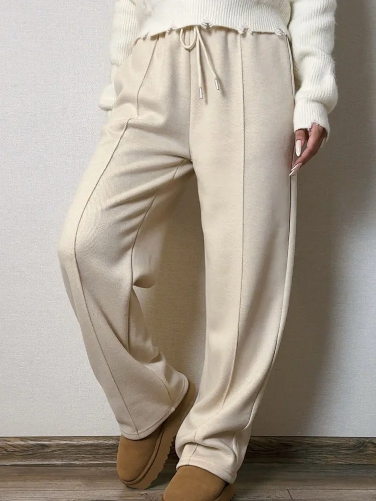 MiuKoMiYa Autumn Gray Woolen Pants Women Wide Leg Straight Long Trousers Office Lady High Waist Women Beige Formal Pants Loose