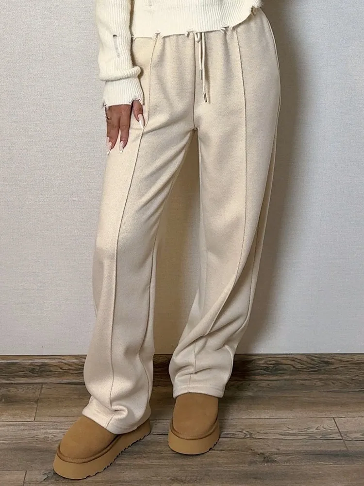 MiuKoMiYa Autumn Gray Woolen Pants Women Wide Leg Straight Long Trousers Office Lady High Waist Women Beige Formal Pants Loose