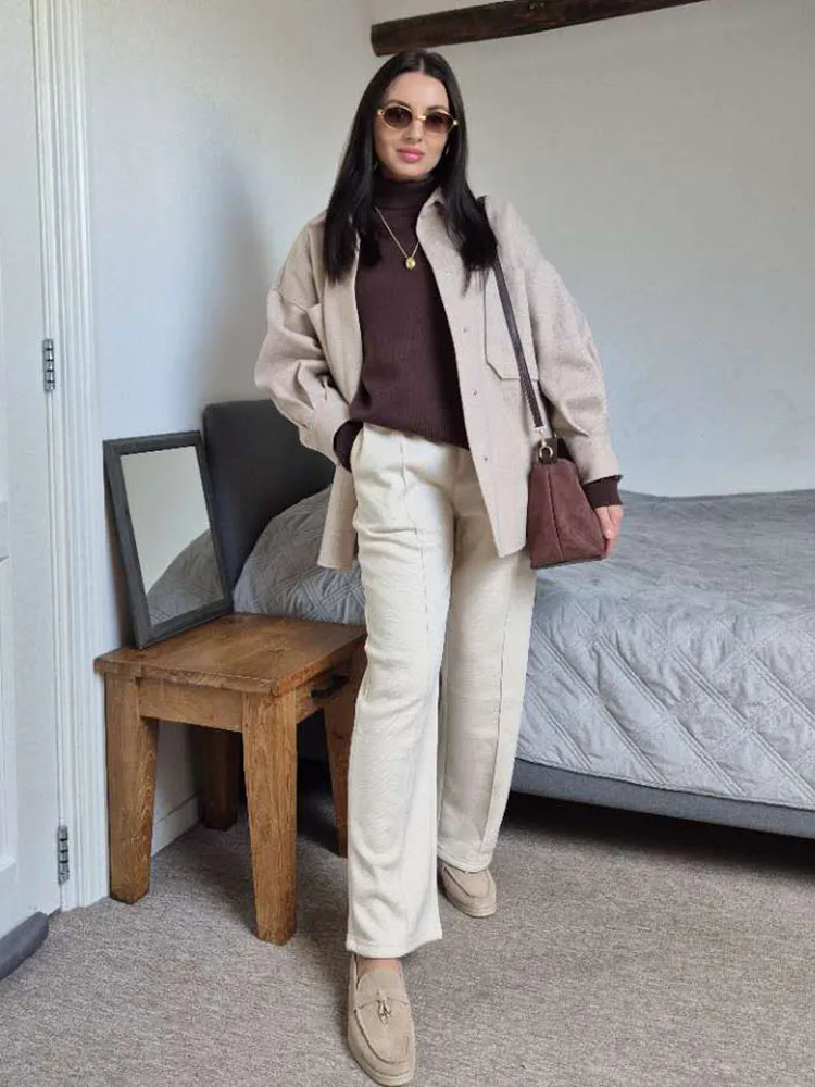 MiuKoMiYa Autumn Gray Woolen Pants Women Wide Leg Straight Long Trousers Office Lady High Waist Women Beige Formal Pants Loose