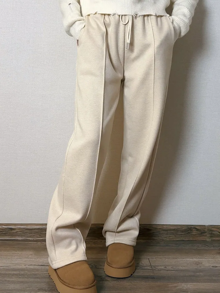 MiuKoMiYa Autumn Gray Woolen Pants Women Wide Leg Straight Long Trousers Office Lady High Waist Women Beige Formal Pants Loose