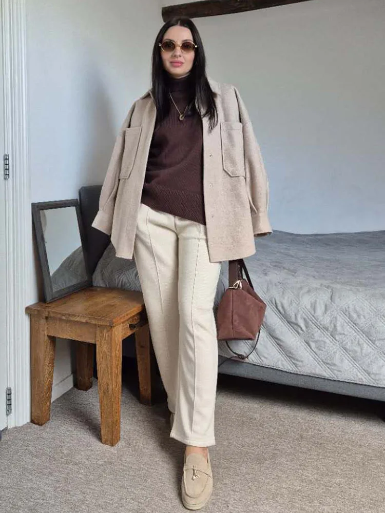 MiuKoMiYa Autumn Gray Woolen Pants Women Wide Leg Straight Long Trousers Office Lady High Waist Women Beige Formal Pants Loose