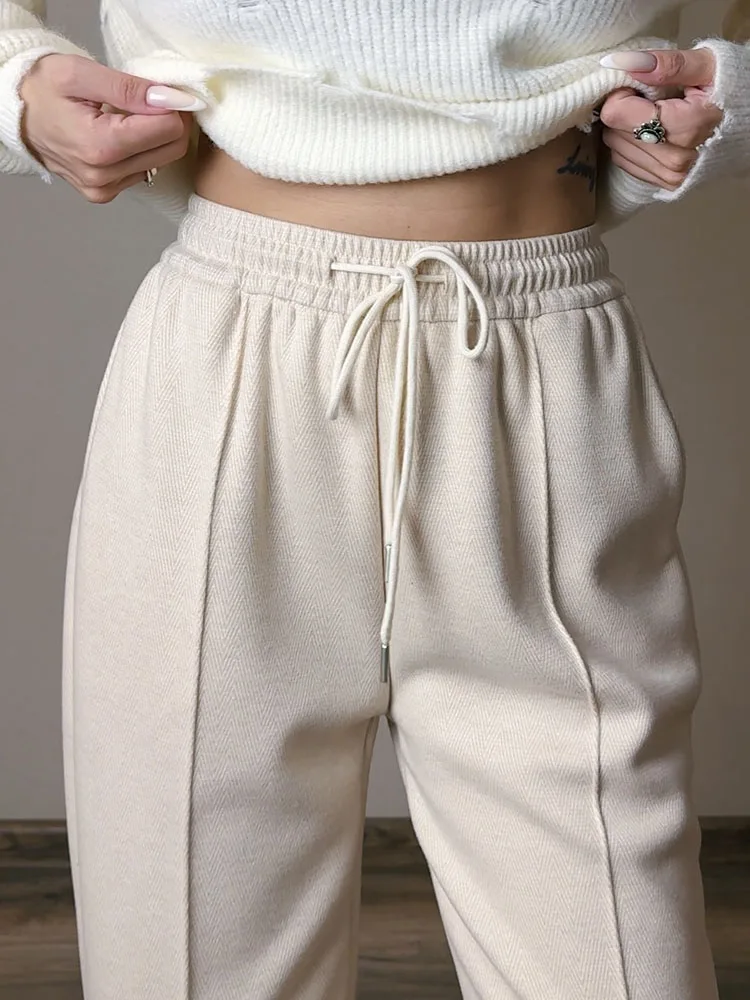 MiuKoMiYa Autumn Gray Woolen Pants Women Wide Leg Straight Long Trousers Office Lady High Waist Women Beige Formal Pants Loose