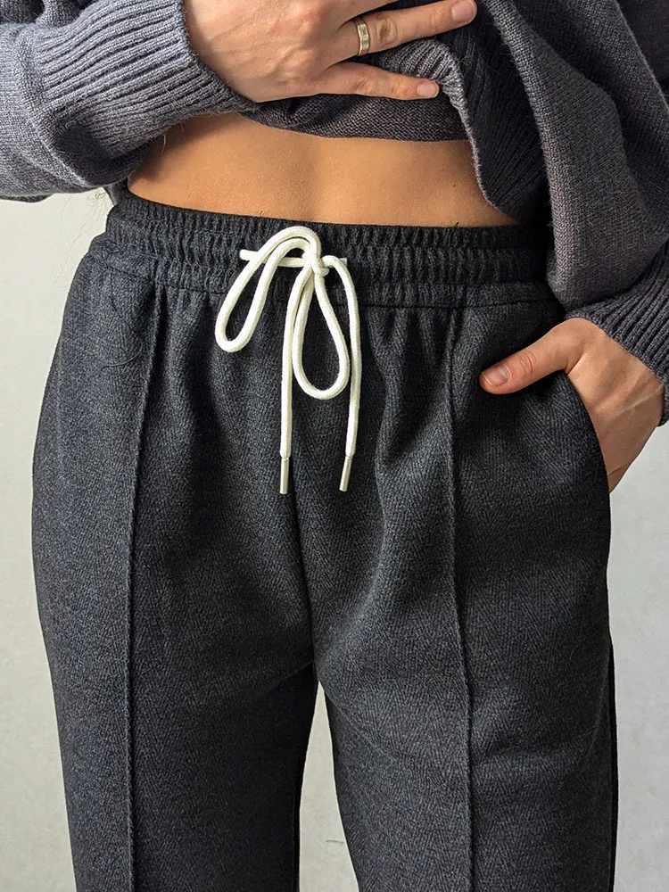 MiuKoMiYa Autumn Gray Woolen Pants Women Wide Leg Straight Long Trousers Office Lady High Waist Women Beige Formal Pants Loose
