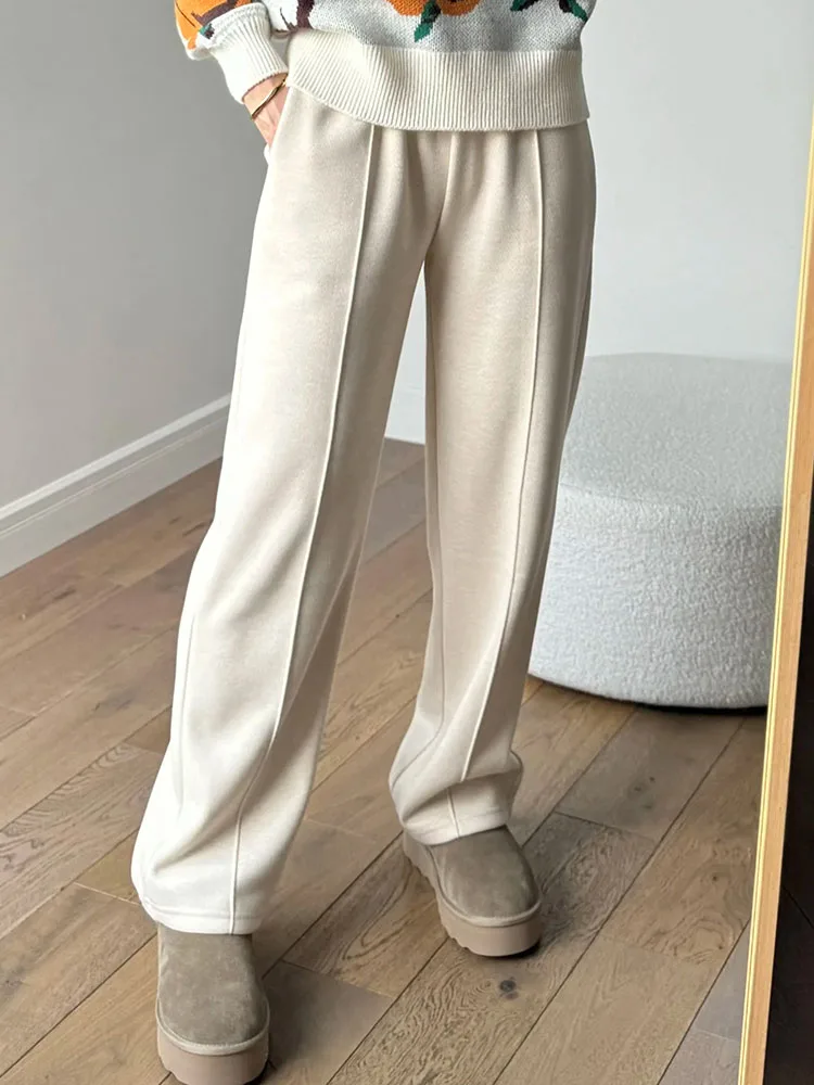 MiuKoMiYa Autumn Gray Woolen Pants Women Wide Leg Straight Long Trousers Office Lady High Waist Women Beige Formal Pants Loose
