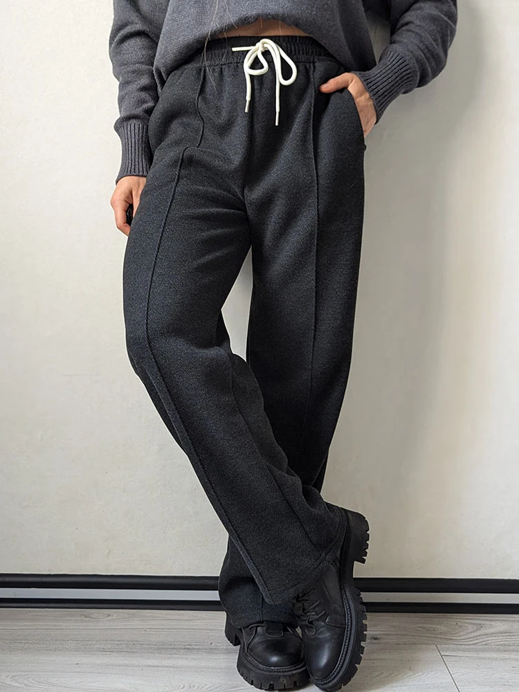 MiuKoMiYa Autumn Gray Woolen Pants Women Wide Leg Straight Long Trousers Office Lady High Waist Women Beige Formal Pants Loose