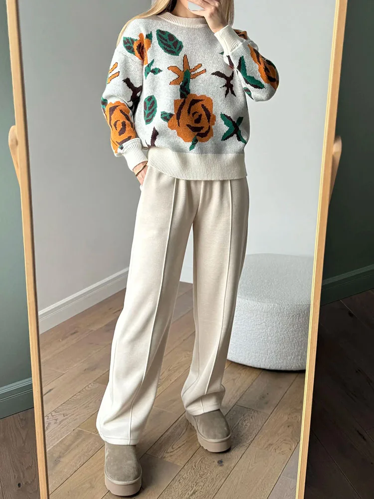 MiuKoMiYa Autumn Gray Woolen Pants Women Wide Leg Straight Long Trousers Office Lady High Waist Women Beige Formal Pants Loose