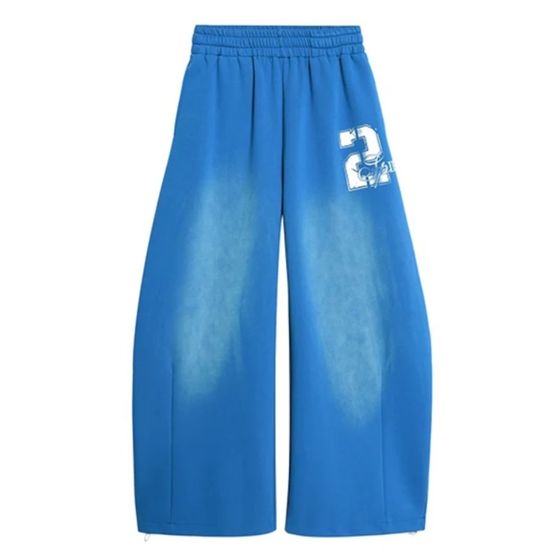 Vintage Washed Blue Wide Leg Sweatpants Unisex Soft Drawstring High Waist Lounge Pants Retro Sporty Draped Style