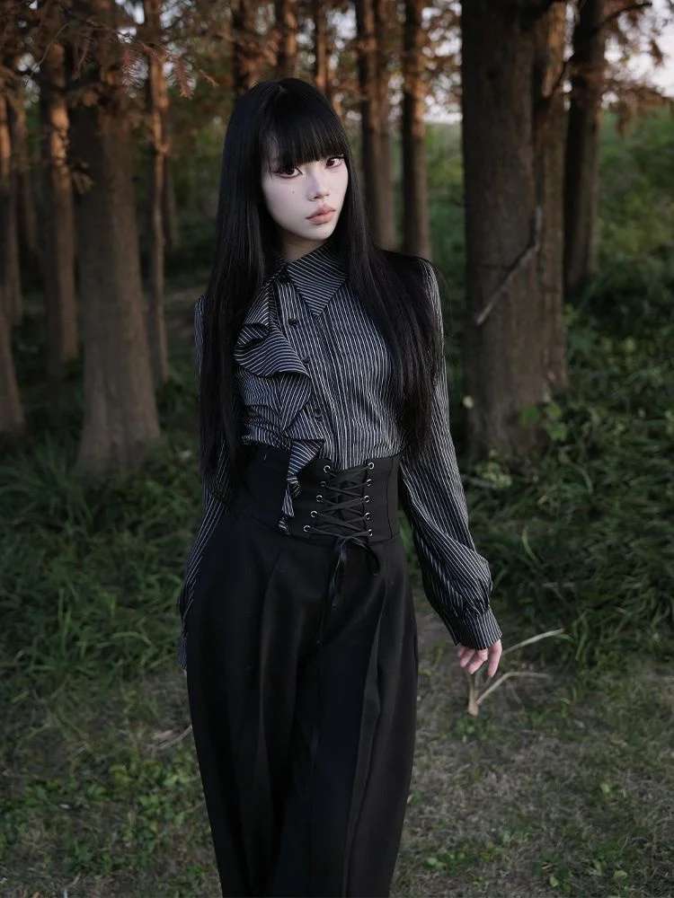 Japanese Y2K retro Harajuku spicy girl gothic punk style black wide leg loose pants 2025 autumn fashion lace up women's pants