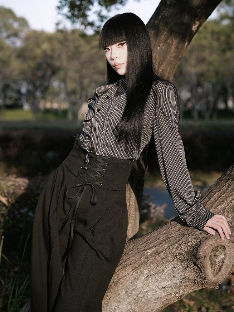 Japanese Y2K retro Harajuku spicy girl gothic punk style black wide leg loose pants 2025 autumn fashion lace up women's pants