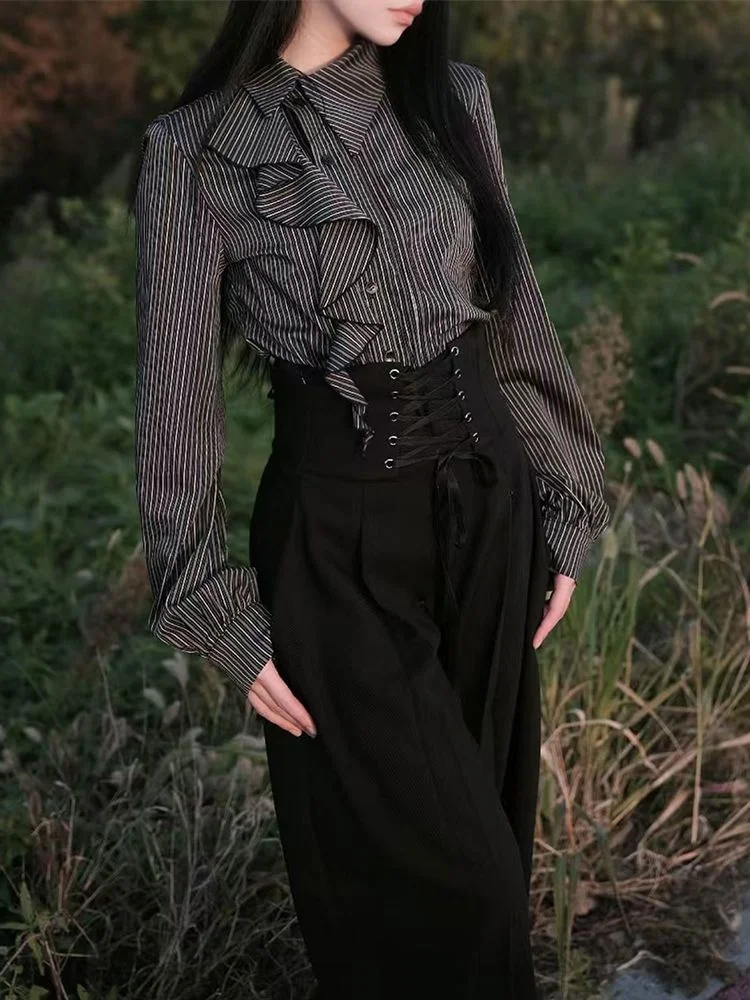 Japanese Y2K retro Harajuku spicy girl gothic punk style black wide leg loose pants 2025 autumn fashion lace up women's pants