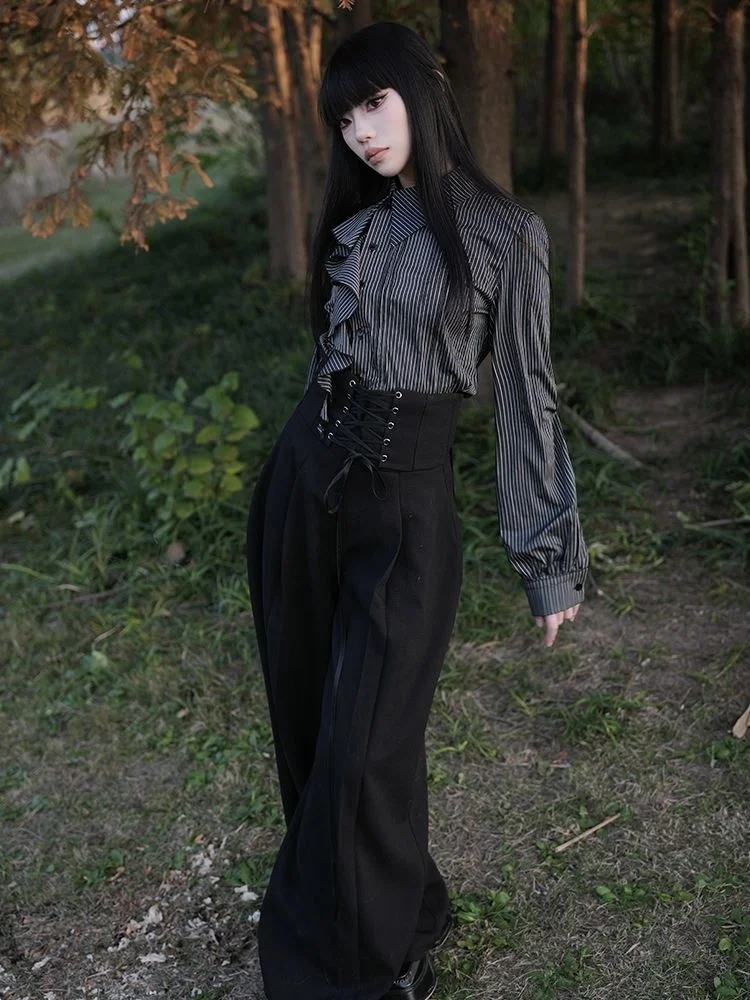 Japanese Y2K retro Harajuku spicy girl gothic punk style black wide leg loose pants 2025 autumn fashion lace up women's pants