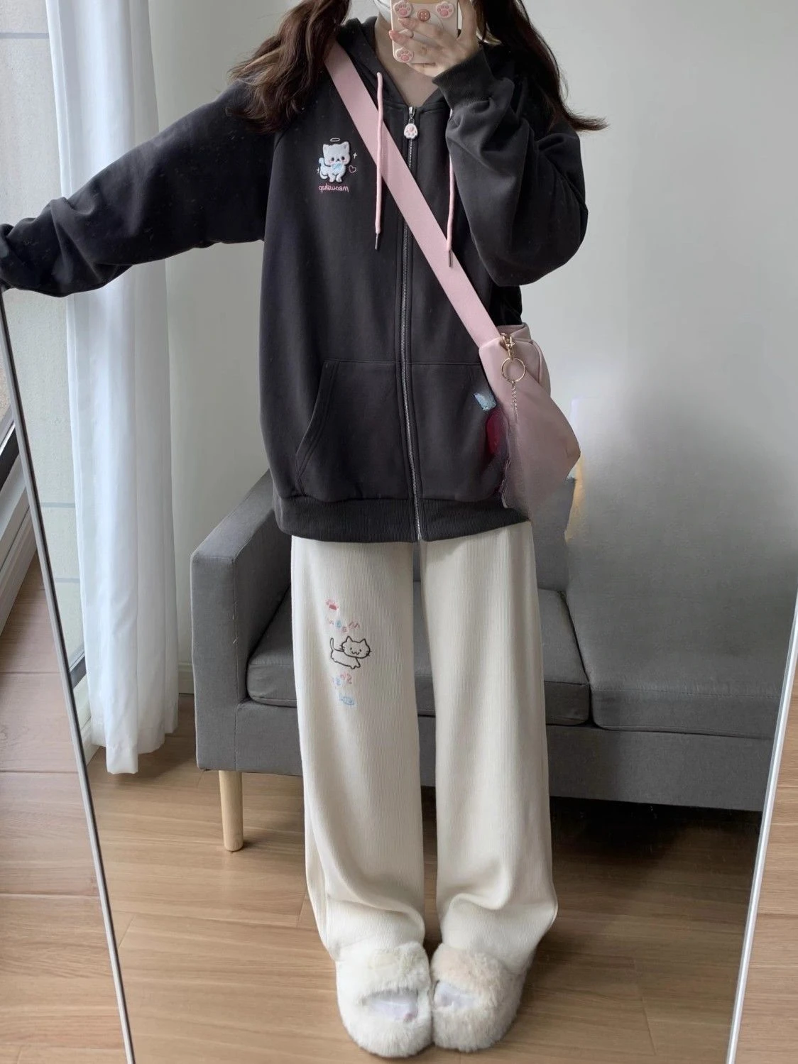 Japanese Autumn Grunge Fairy Trousers Y2k Aesthetic Kawaii Embroidery Cat Straight Pants Loose Vintage Casual Pantalones Women