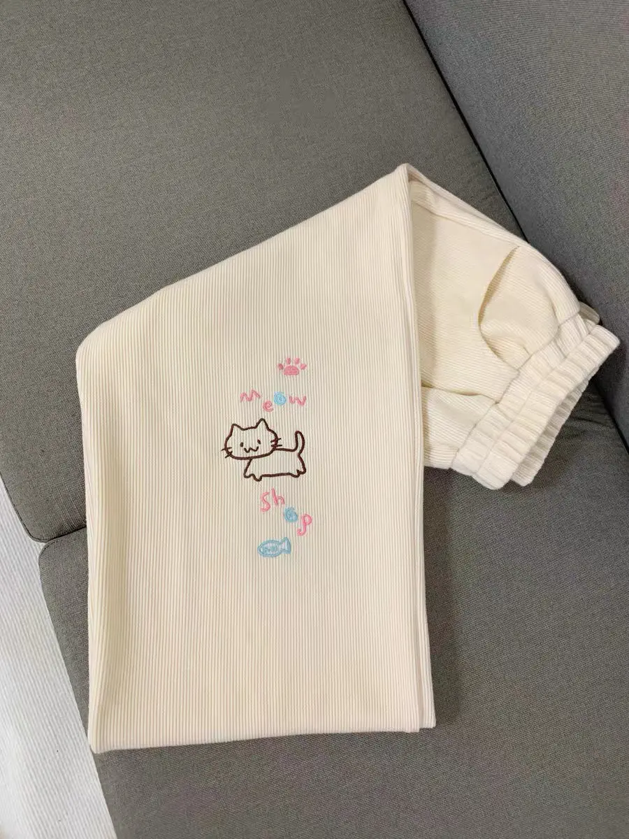 Japanese Autumn Grunge Fairy Trousers Y2k Aesthetic Kawaii Embroidery Cat Straight Pants Loose Vintage Casual Pantalones Women