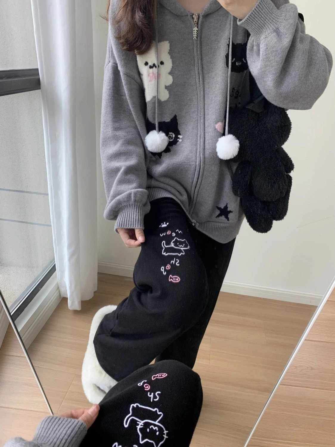 Japanese Autumn Grunge Fairy Trousers Y2k Aesthetic Kawaii Embroidery Cat Straight Pants Loose Vintage Casual Pantalones Women